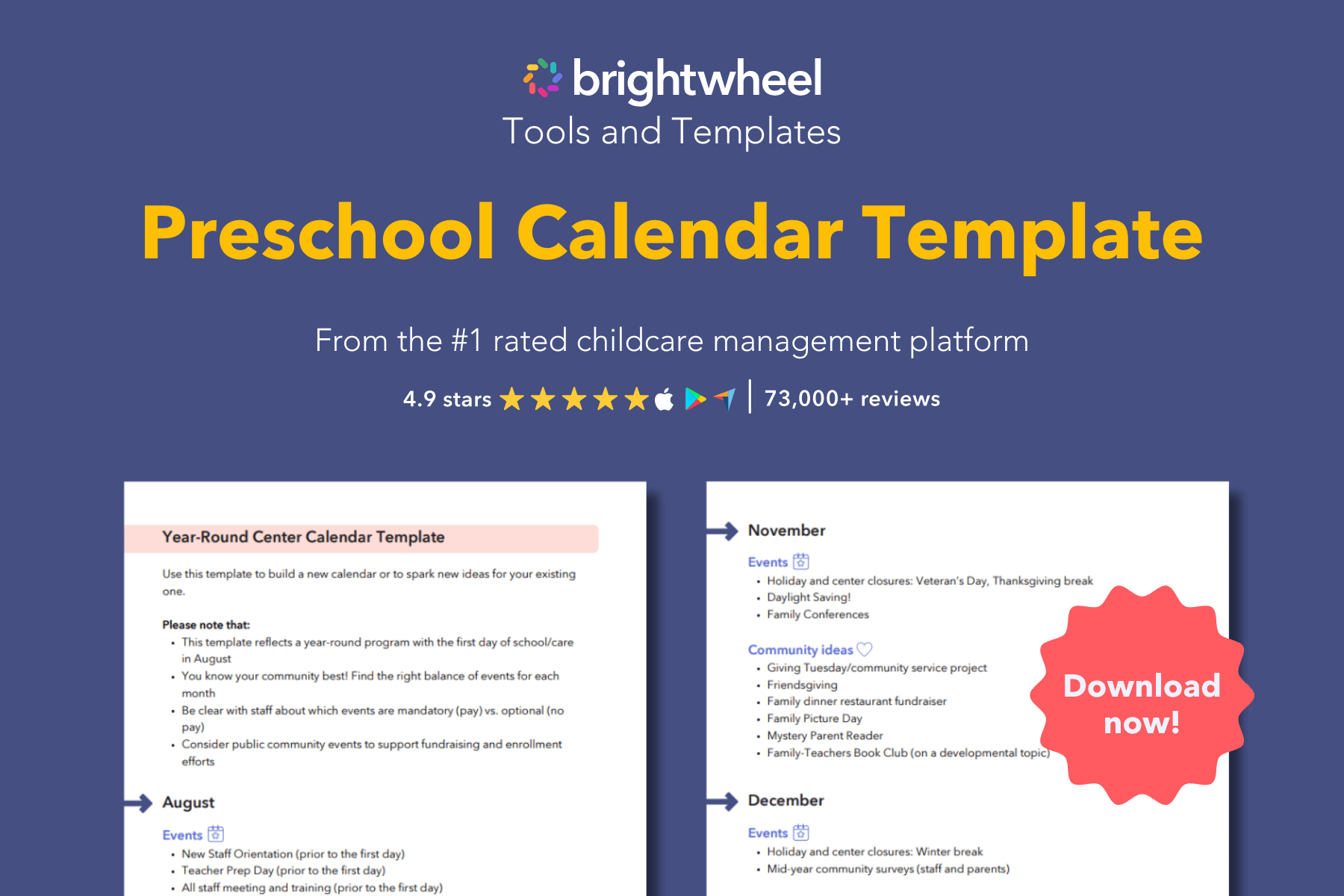 Preschool Calendar Template - brightwheel